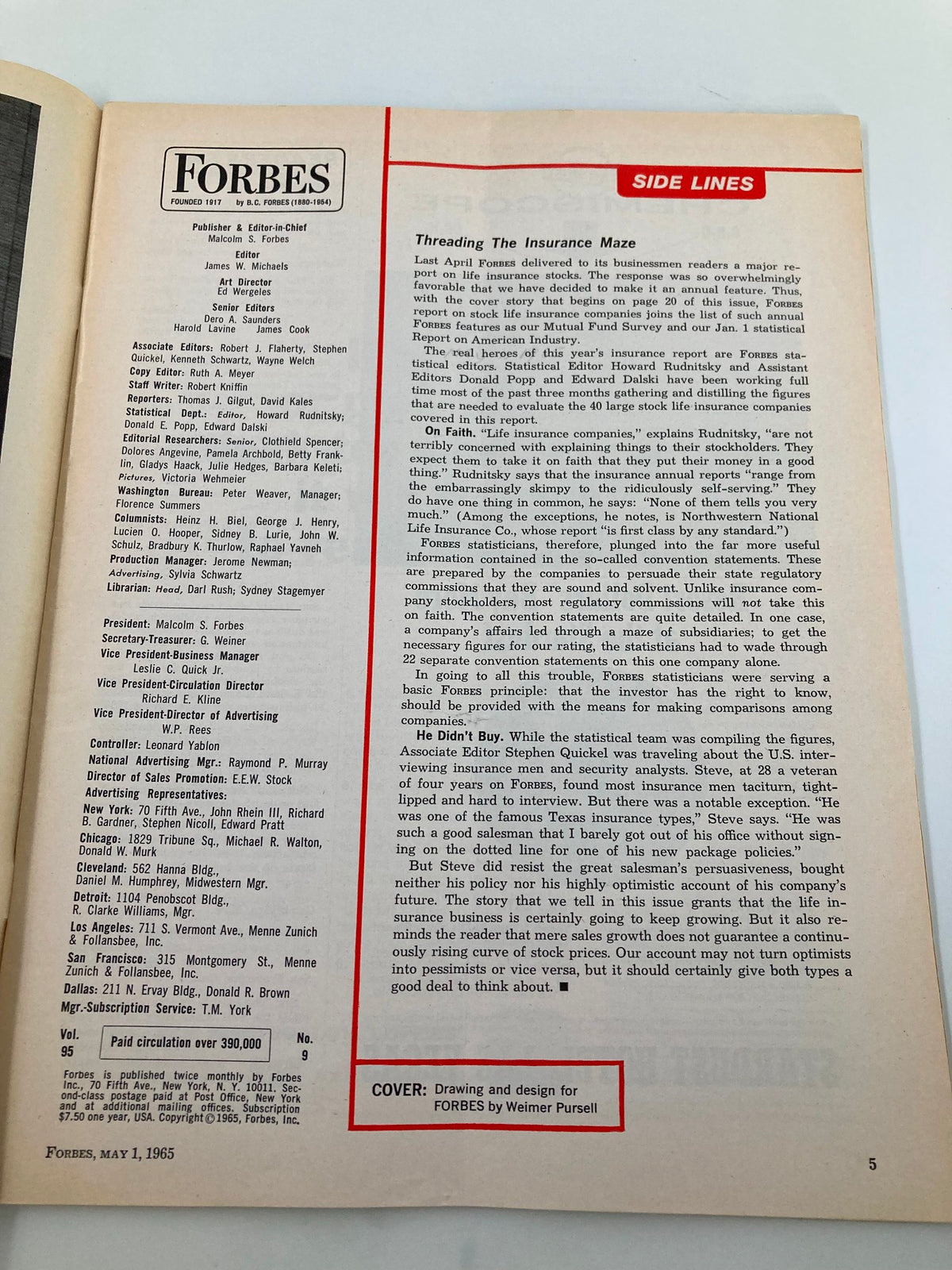 Interior page of VTG Forbes Magazine May 1 1965, showing the publication details and the article titled 'Threading The Insurance Maze'.