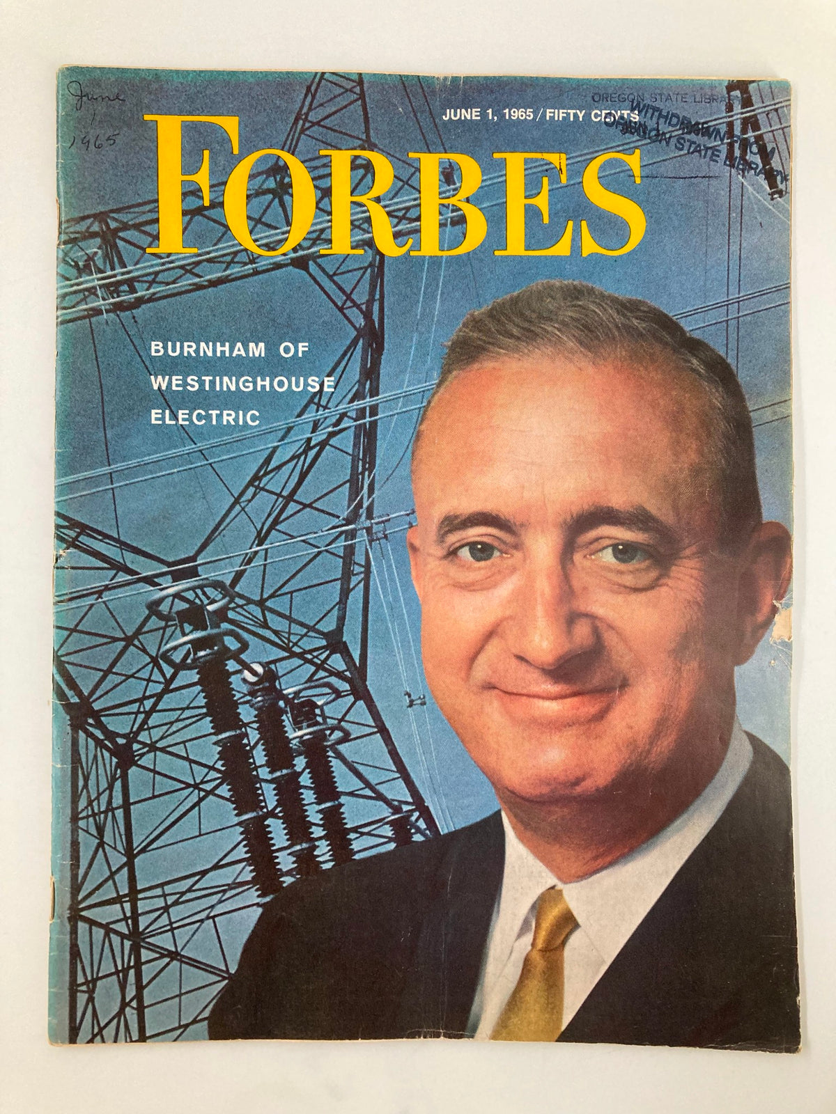 Cover image of the VTG Forbes Magazine dated June 1, 1965, featuring Burnham of Westinghouse Electric with power lines in the background.