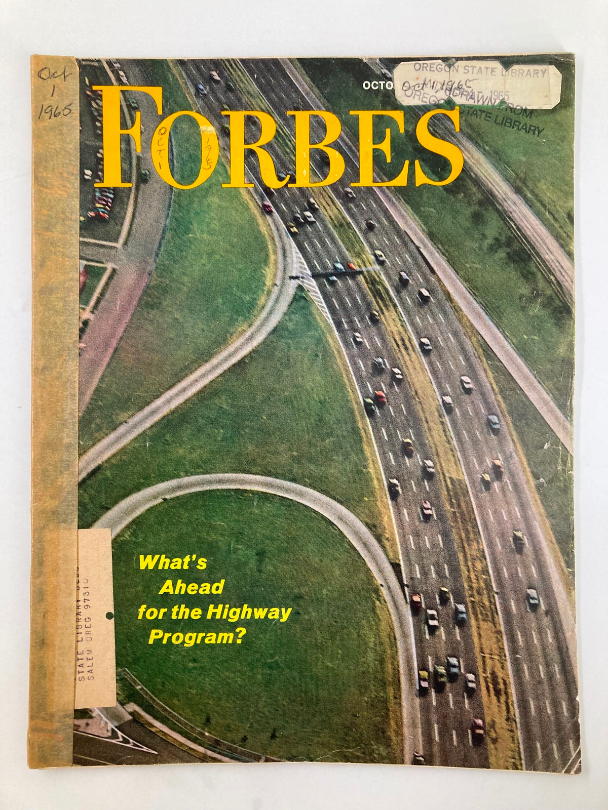 Cover of VTG Forbes Magazine from October 1, 1965, featuring an aerial view of highways and the headline 'What's Ahead for the Highway Program?' with signs of wear and library stamps.