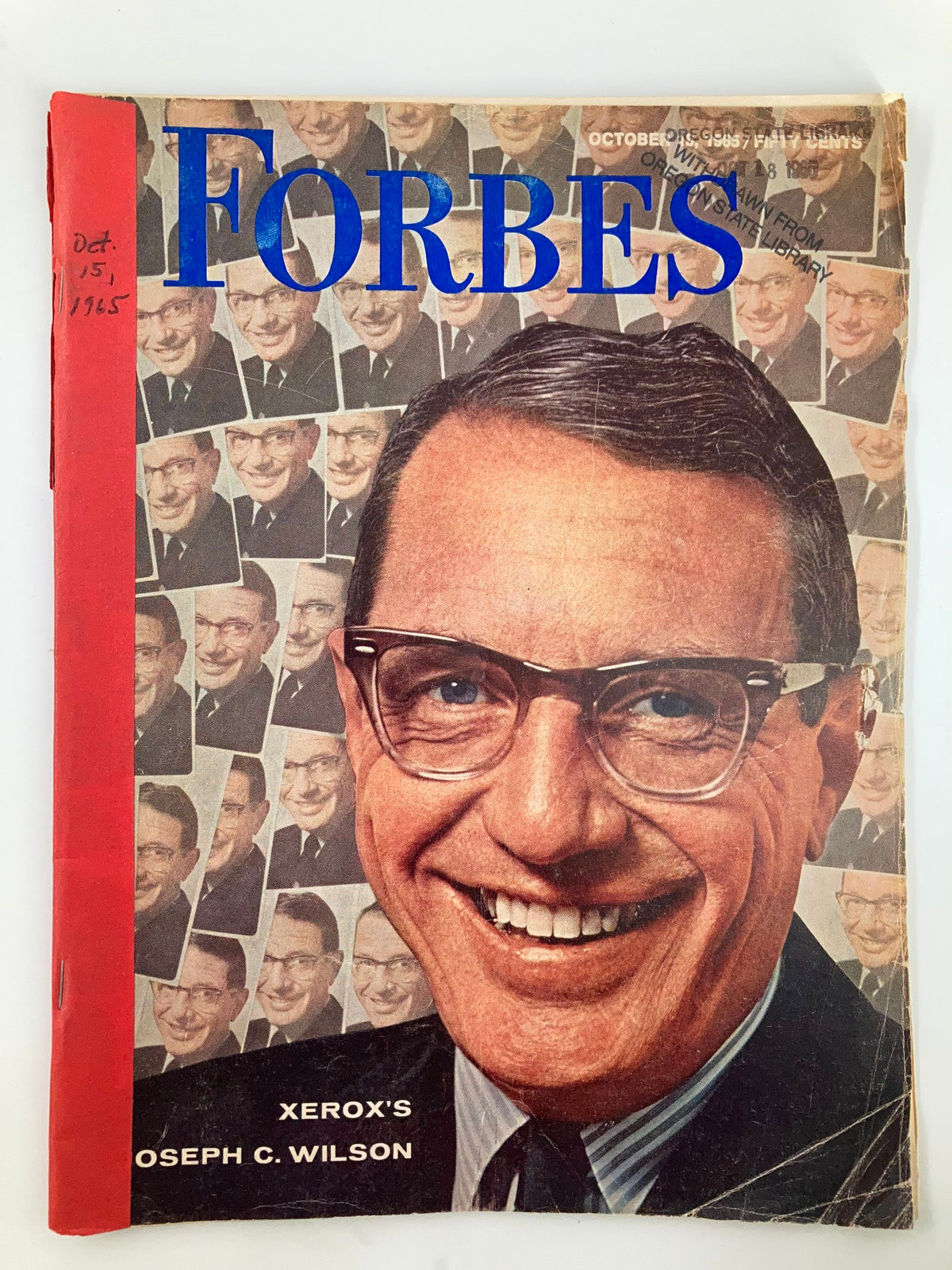 Vintage Forbes magazine cover from October 15, 1965 featuring Xerox's Joseph C. Wilson with colorful background of multiple images.