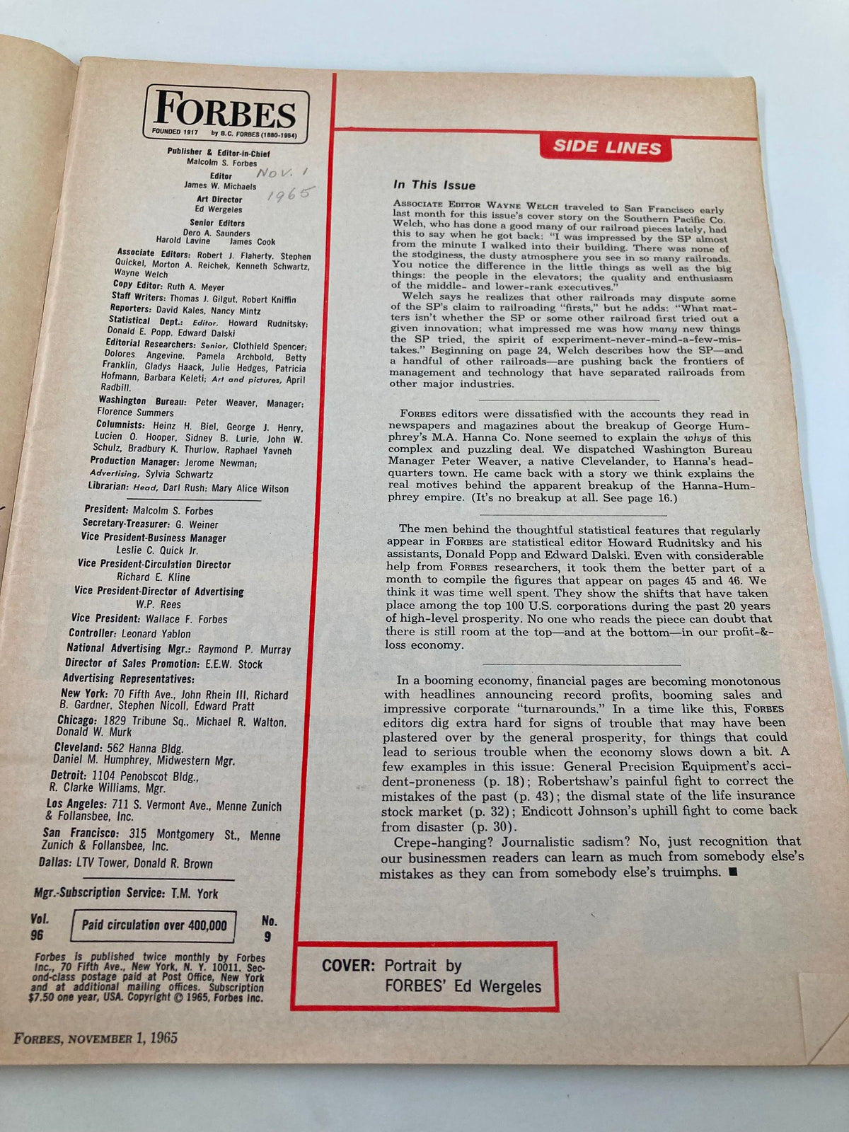 Inside page of the November 1, 1965 Forbes Magazine, featuring editorial notes and publication details. The issue includes a profile of Donald Russell from Southern Pacific, showcasing the magazine's historical context in American business history.