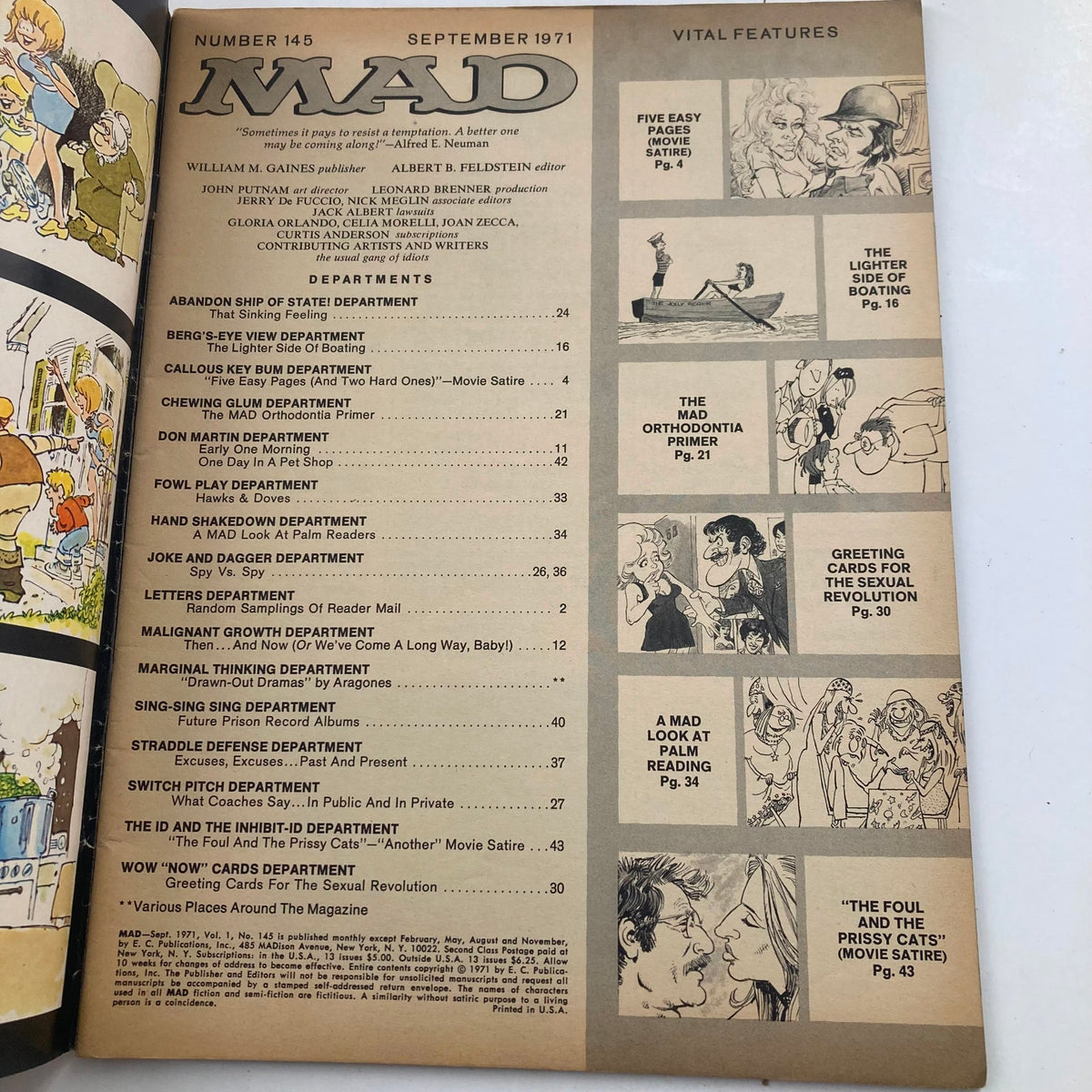 Mad Magazine September 1971 No. 145 cover featuring the inside contents page including departments and features of the magazine, showcasing vintage artwork and humor.