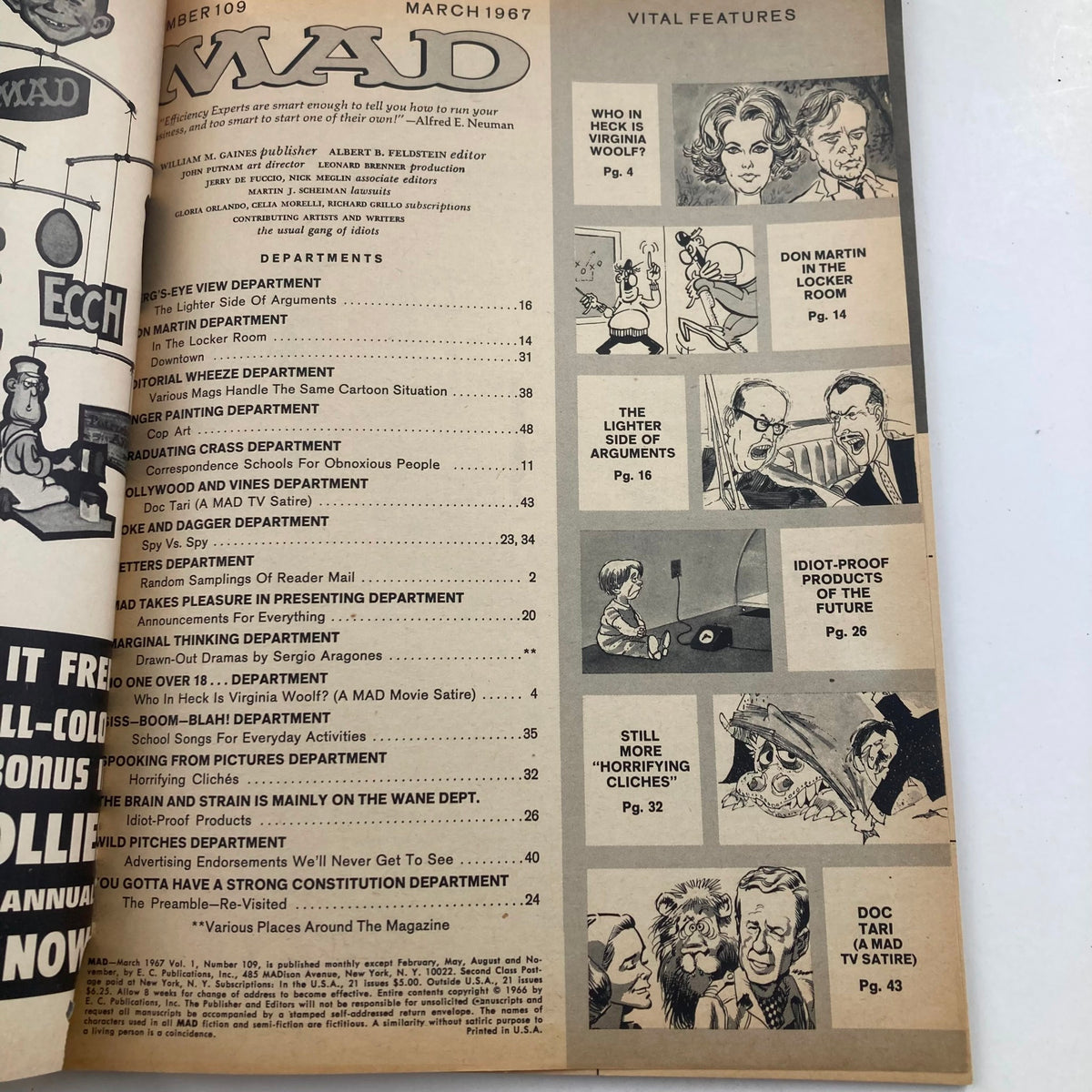 Interior page of Mad Magazine March 1967 No. 109 displaying the contents and sections, showcasing classic comedy content.