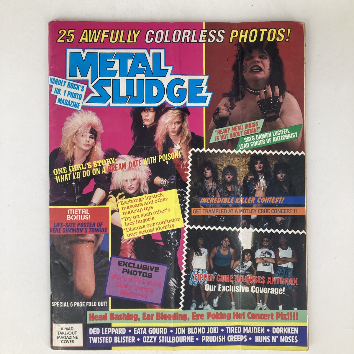 Cover of Metal Sludge magazine featuring a collage of rock musicians and promotional content, illustrating the connections between music culture and humor found in magazines like Mad Magazine July 1989 No. 288.