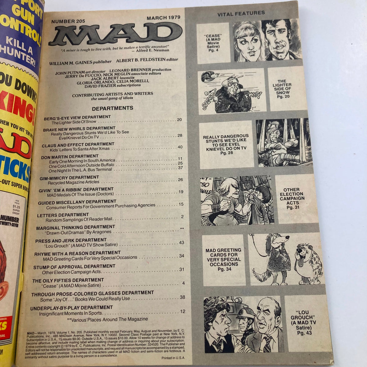 Interior page of Mad Magazine March 1979 No. 205 listing the vital features and departments of the magazine.