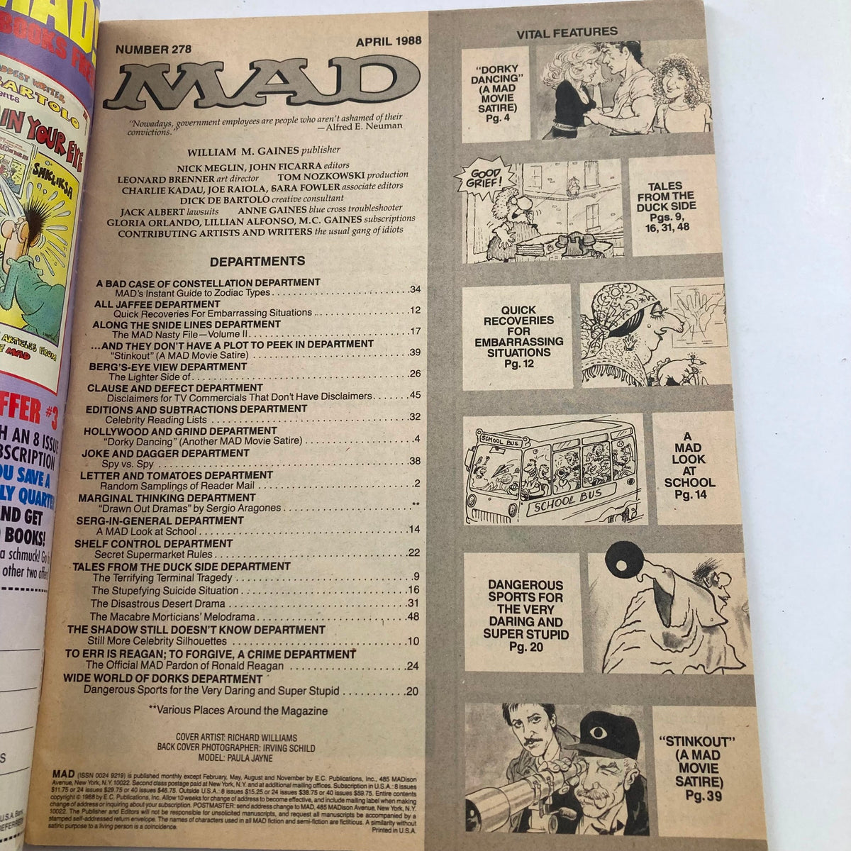 Interior page from Mad Magazine April 1988 No. 278 showcasing the table of contents with notable features and satire topics.
