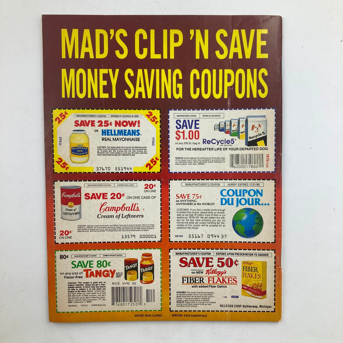 Mad Magazine January 1988 No. 276 features a colorful page displaying 'MAD'S CLIP N SAVE MONEY SAVING COUPONS' with various coupons including Hellmann's, Campbell's, Tangy, and Kellogg's Fiber Flakes, showcasing the humorous style of vintage advertising.