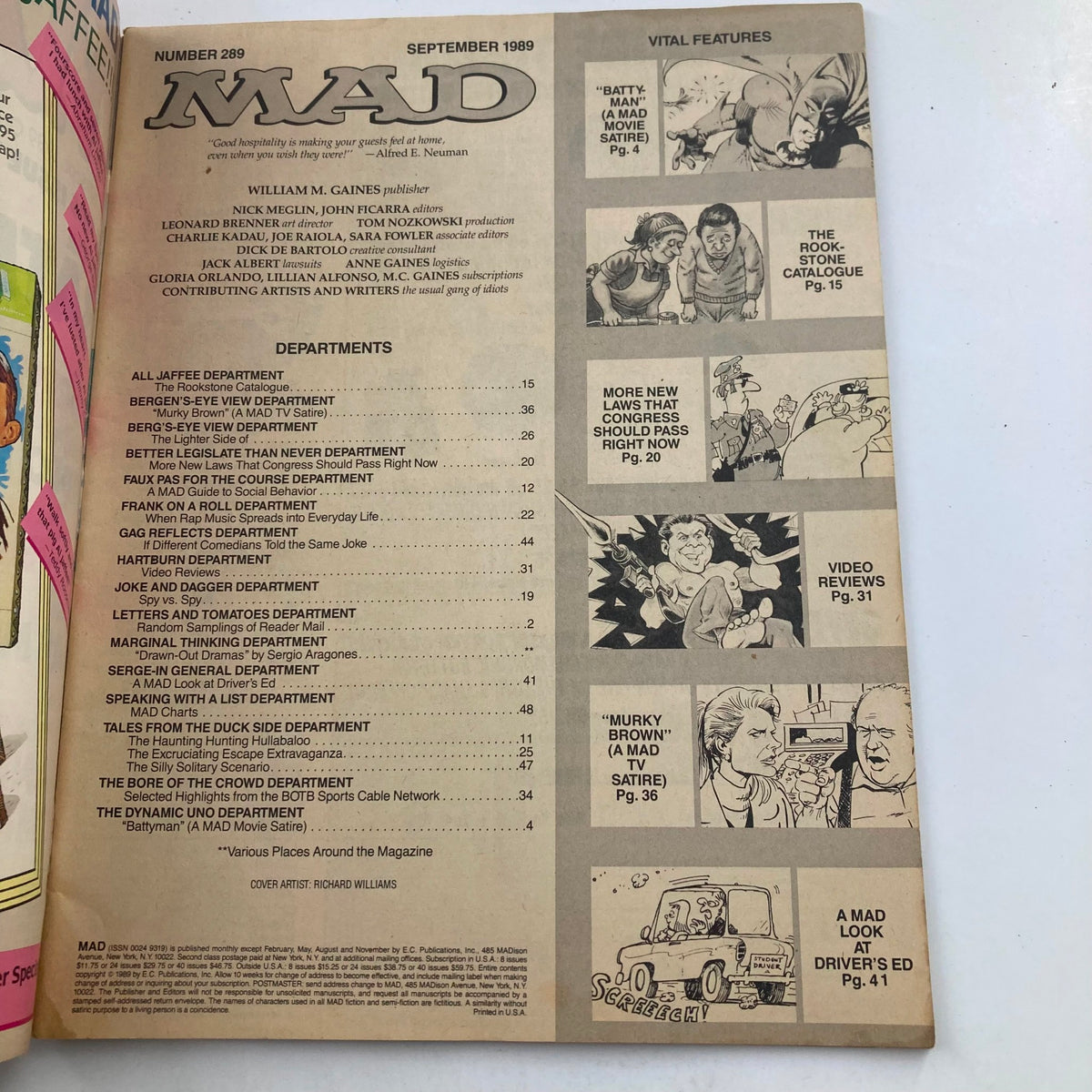 Inside page from Mad Magazine September 1989 No. 289 showing vital features and contents list, including entries for popular satirical articles and comic sections.