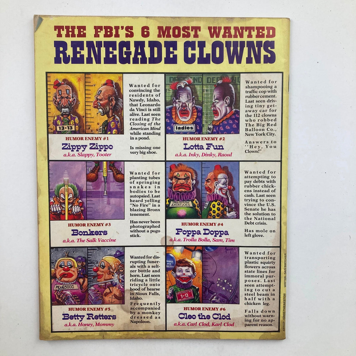 Back cover of Mad Magazine September 1989 No. 289 showcasing 'The FBI's 6 Most Wanted Renegade Clowns' with colorful illustrations and humorous descriptions of the clowns.