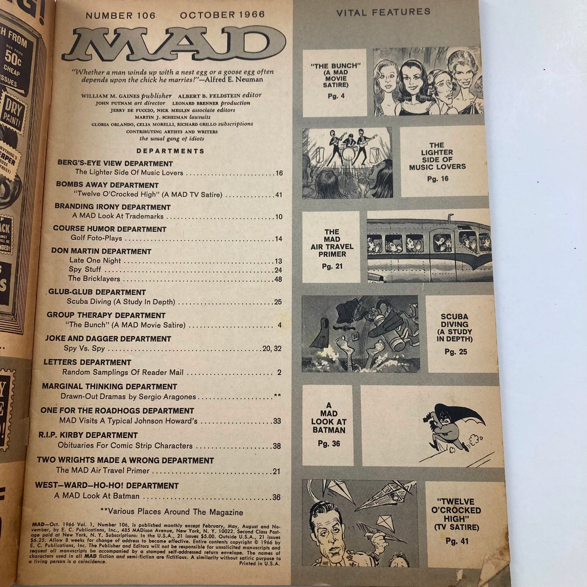 Table of contents from Mad Magazine October 1966 No. 106 featuring the Air Travel Primer and various humor sections.