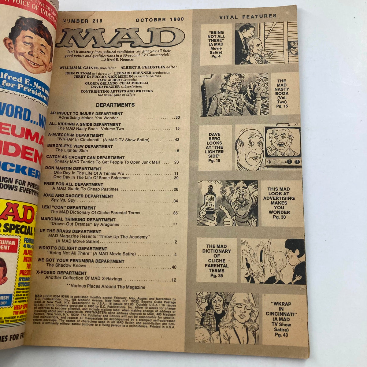 Interior page of Mad Magazine October 1980 No. 218 displaying the table of contents, highlighting various sections and features of the magazine.
