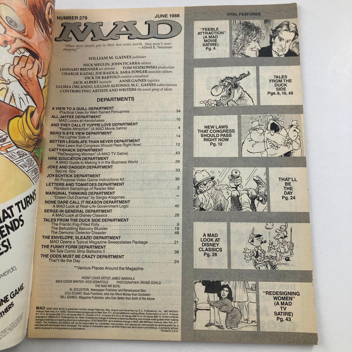 Inside page of Mad Magazine June 1988 No. 279 showcasing the table of contents and features, including 'Feeble Attraction' and various satirical articles related to pop culture.
