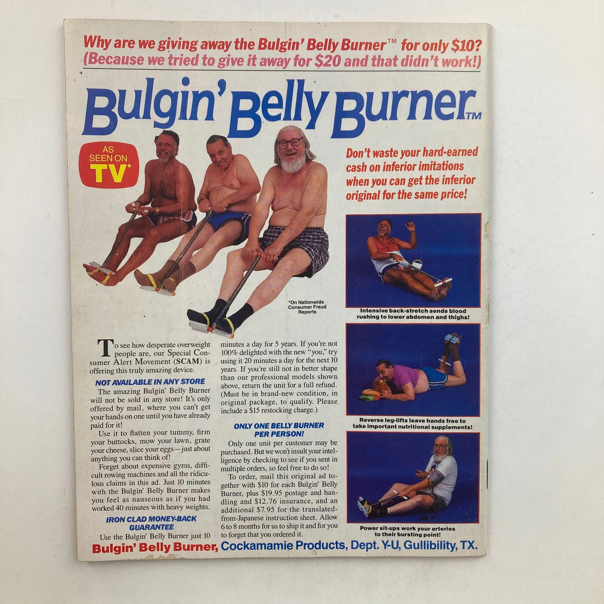 Back cover of Mad Magazine June 1988 No. 279 displaying an advertisement for the Bulgin' Belly Burner with comedic imagery and features, reflecting the humorous style of the magazine.