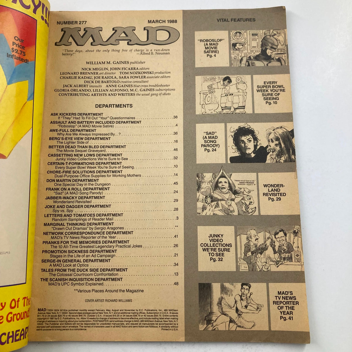 Inside contents page of Mad Magazine March 1988 No. 277, outlining the key features and departments of this iconic vintage issue.