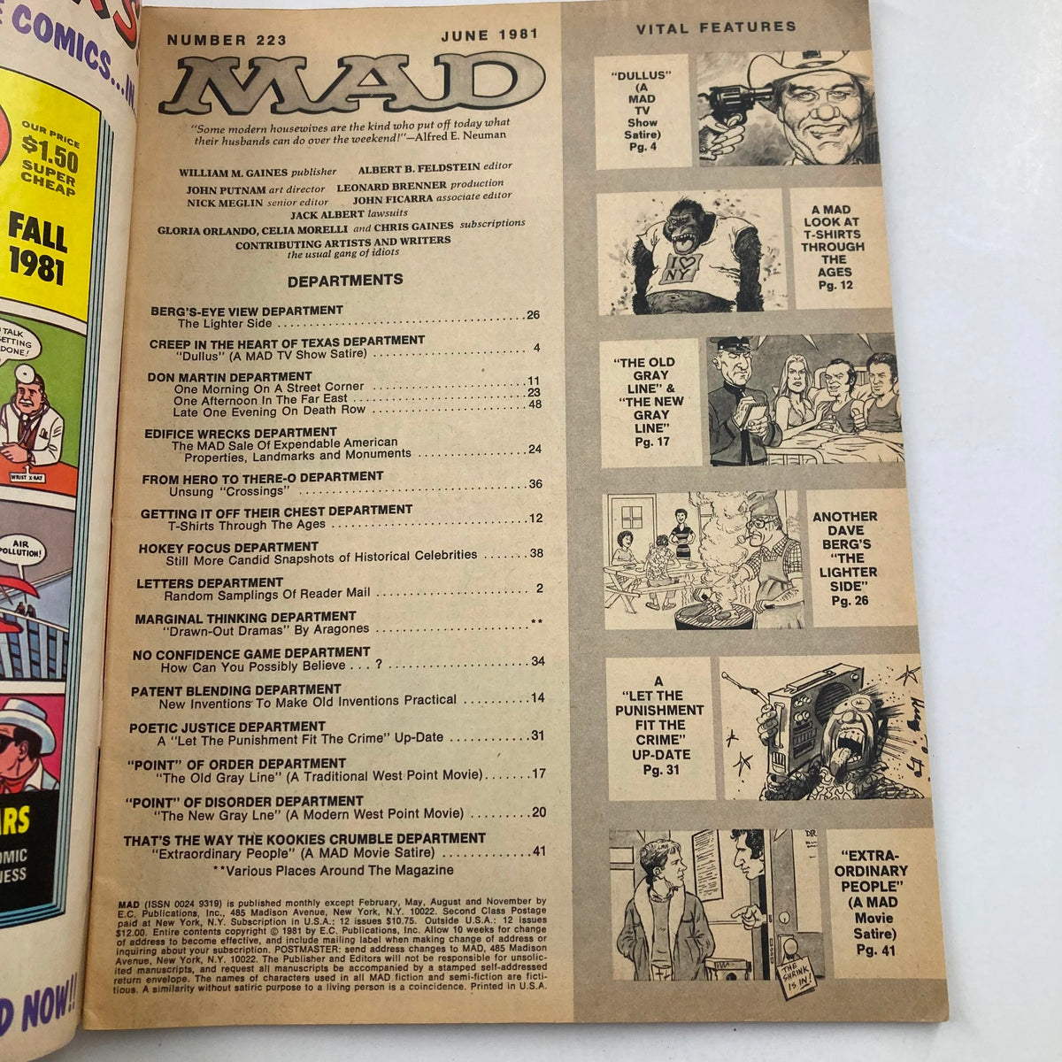 Inside page of Mad Magazine June 1981 No. 223 listing departments and vital features, illustrating the magazine's structure and comedic content.