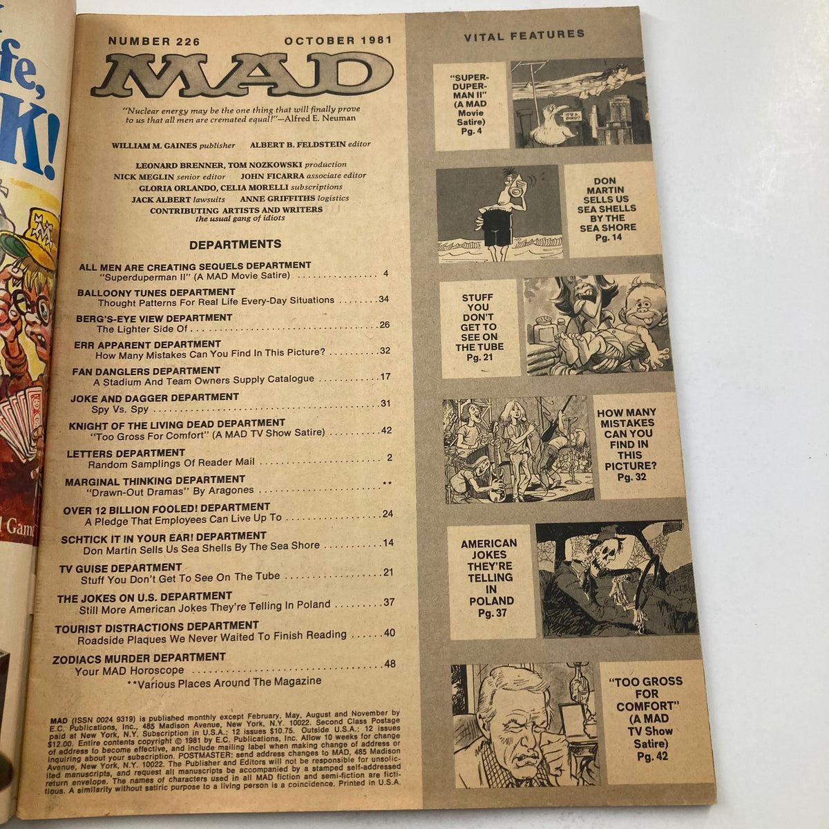 Inside page of Mad Magazine October 1981 No. 226 displaying the table of contents and features, including various satirical topics relevant to pop culture.