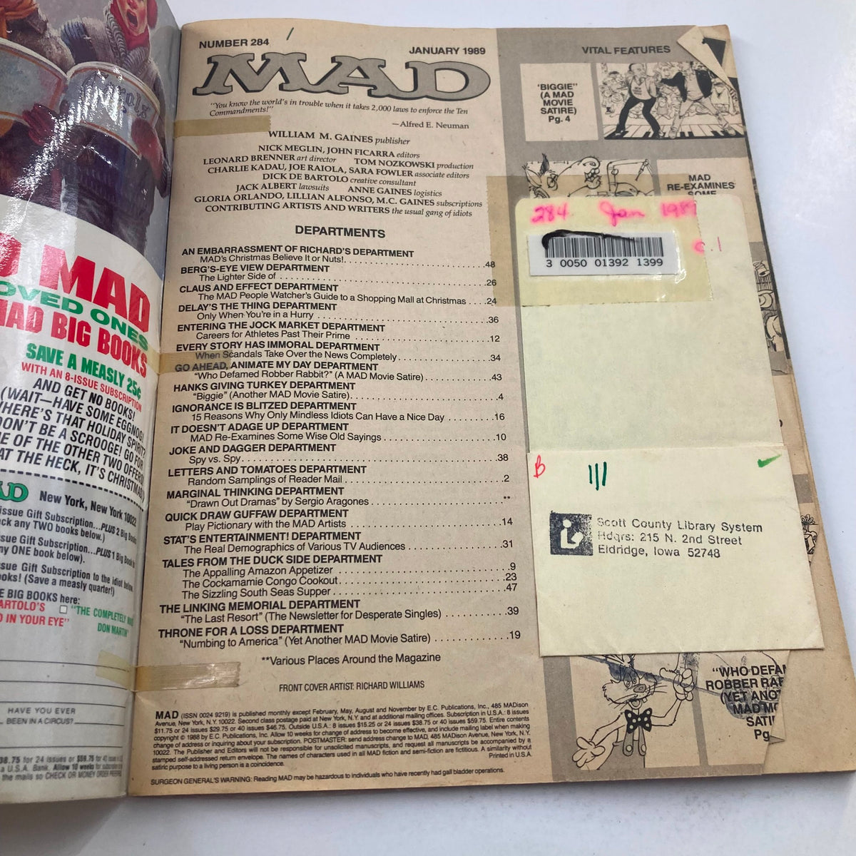 Interior page of Mad Magazine January 1989 No. 284 featuring the table of contents and various departments, showcasing the magazine's signature humor and style.