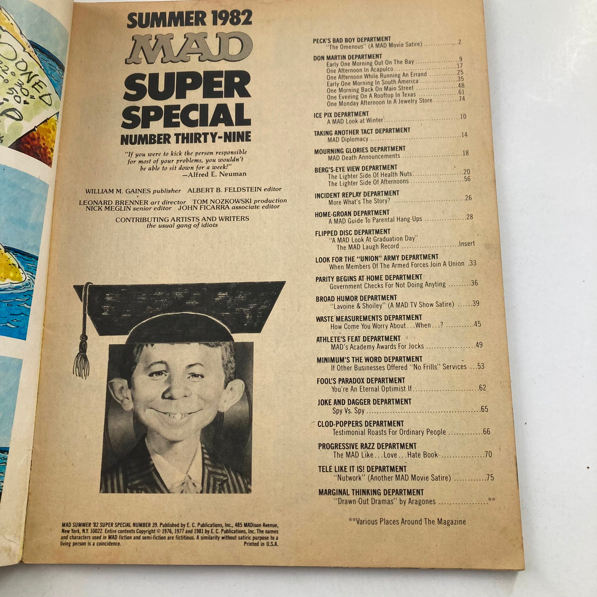 Interior page of Mad Super Special Summer 1982 No. 39, showcasing the table of contents with vintage graphics and text, highlighting various sections and articles featured in this edition.