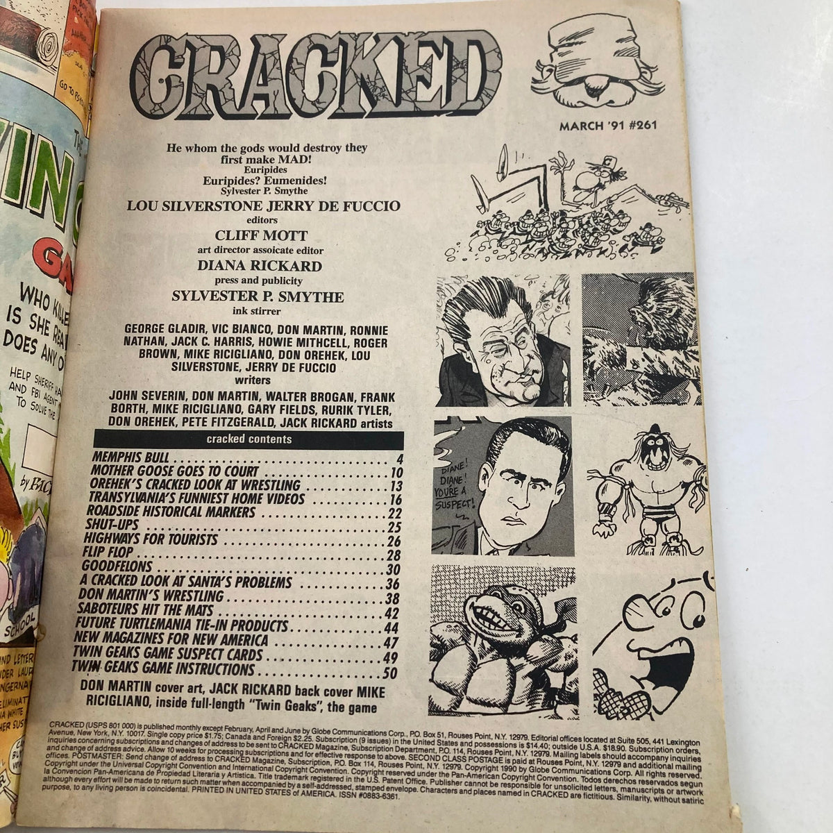 Open page of Cracked Magazine March 1991, Issue No. 261 showcasing editorial information, contributing editors, and comic art style relevant to the magazine's humor and pop culture themes.