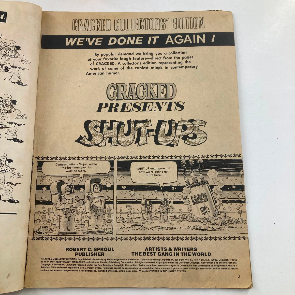 Cracked Magazine Collectors Edition May 1982 featuring the opening page of Shut-Ups, showcasing humorous comic art and satirical content typical of the magazine's style.