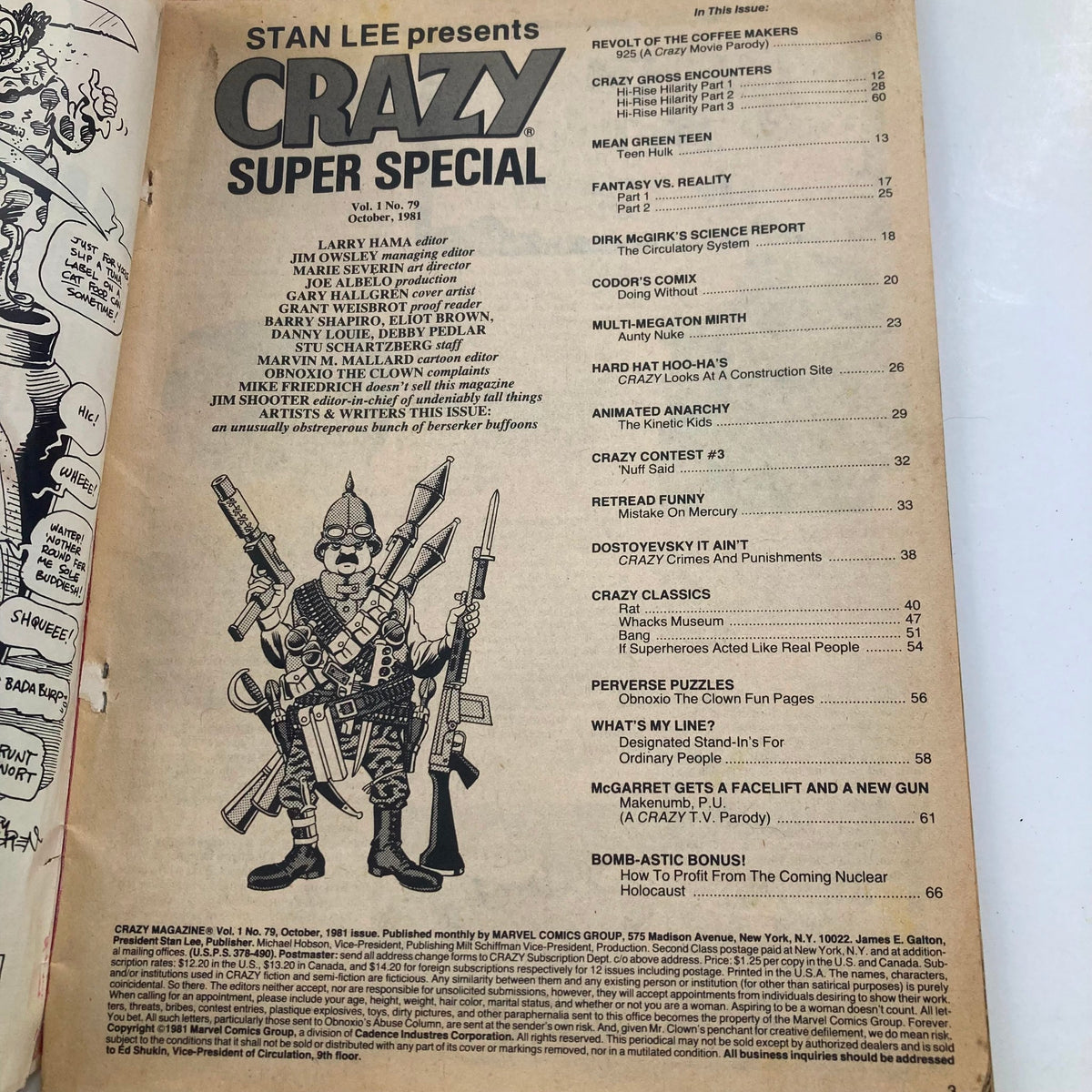 Inside page of Crazy Magazine Super Special October 1981 No. 79 presenting the editorial team and contents list, showcasing humorous illustrations typical of the magazine's style.