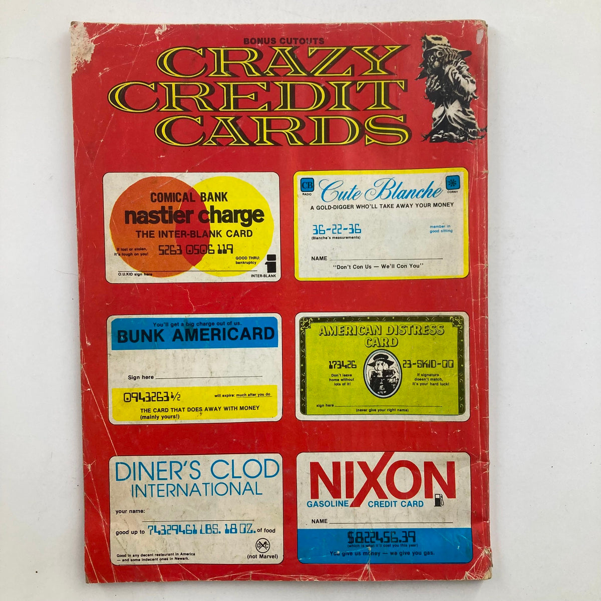 Back cover of Crazy Magazine Super Special October 1981 No. 79 featuring amusing parody credit cards, emphasizing the magazine's satirical take on consumer culture.