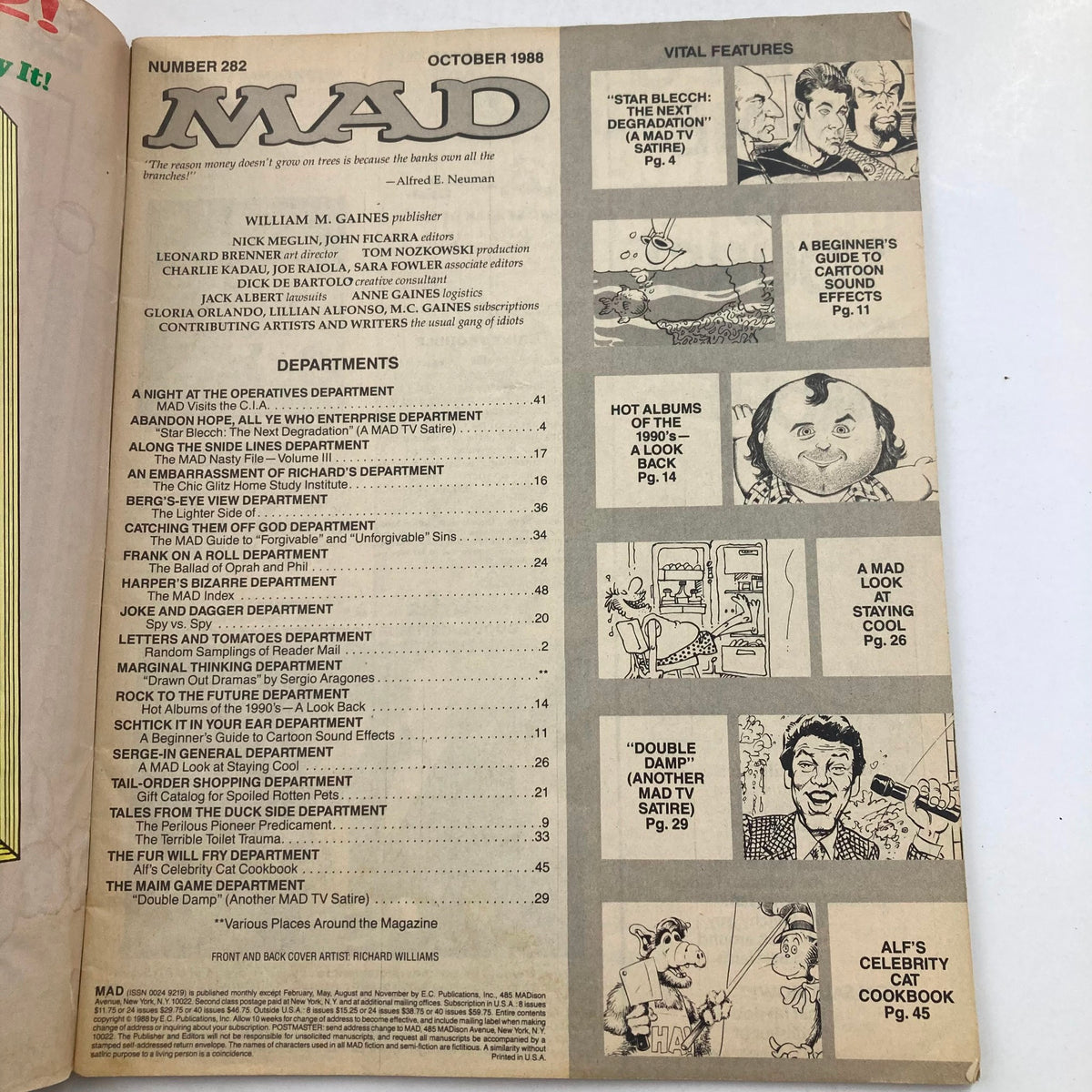 Inside page of Mad Magazine October 1988 No. 282, listing features and departments of the issue, highlighting Alf's Cat Cookbook as a key segment.