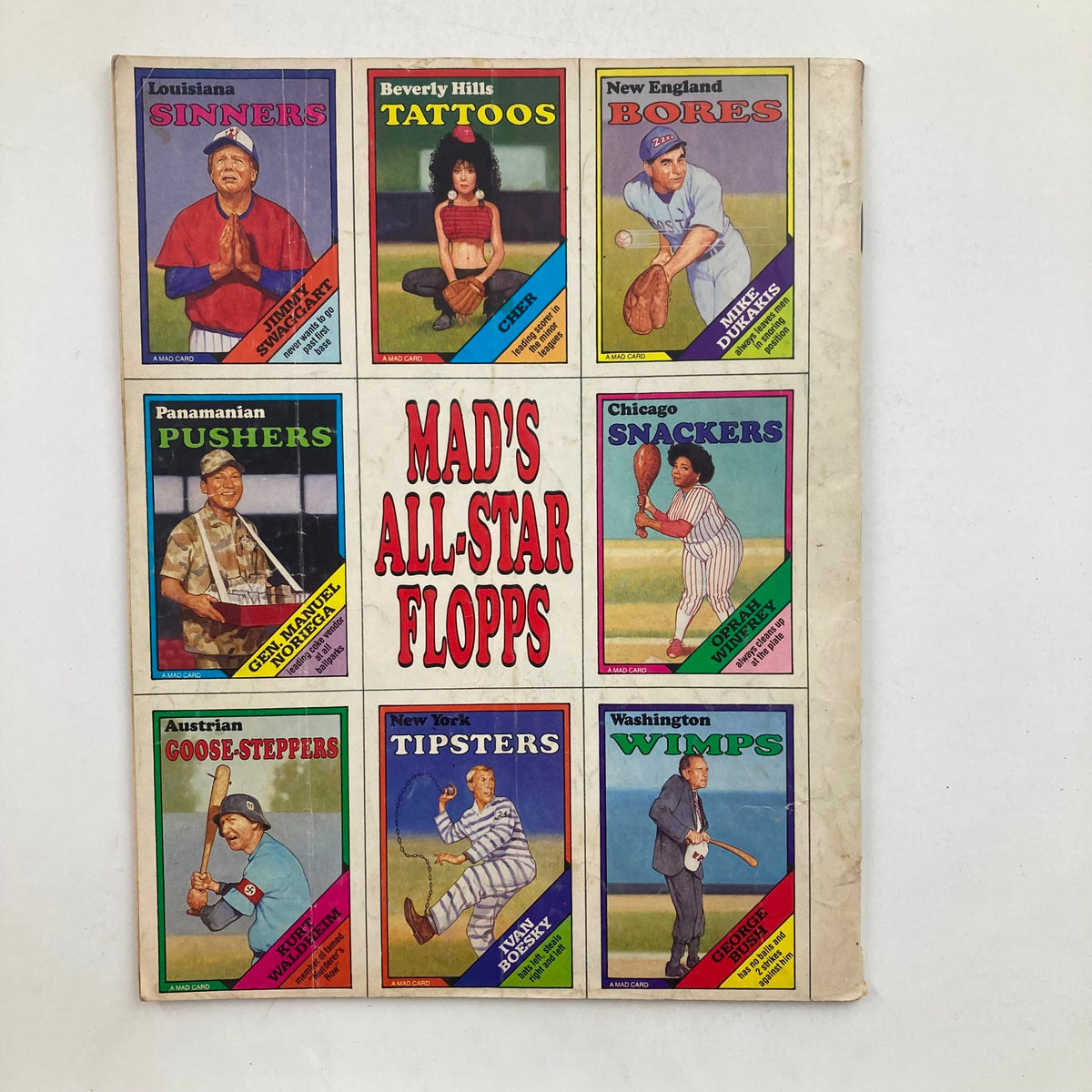 Back cover of Mad Magazine October 1988 No. 282 displaying humorous baseball-related illustrations and the title 'Mad's All-Star Flopps'.