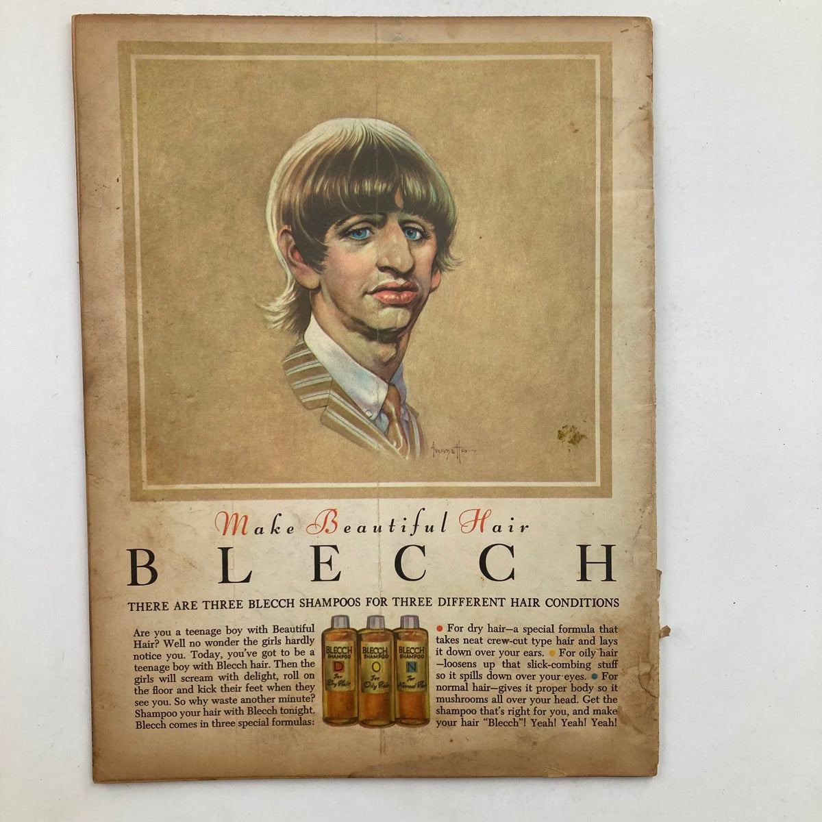 Mad Magazine October 1964 No. 90 image featuring a caricature illustration advertising 'Blech' shampoo for beautiful hair. Vintage magazine cover showcasing 1960s humor and style.