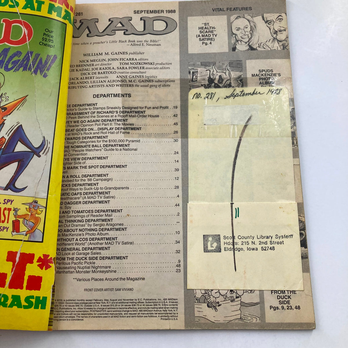 Interior page of Mad Magazine September 1988 No. 281 featuring the table of contents and comic elements, showcasing satirical articles and illustrations related to the Rock & Roll Hall of Fame.