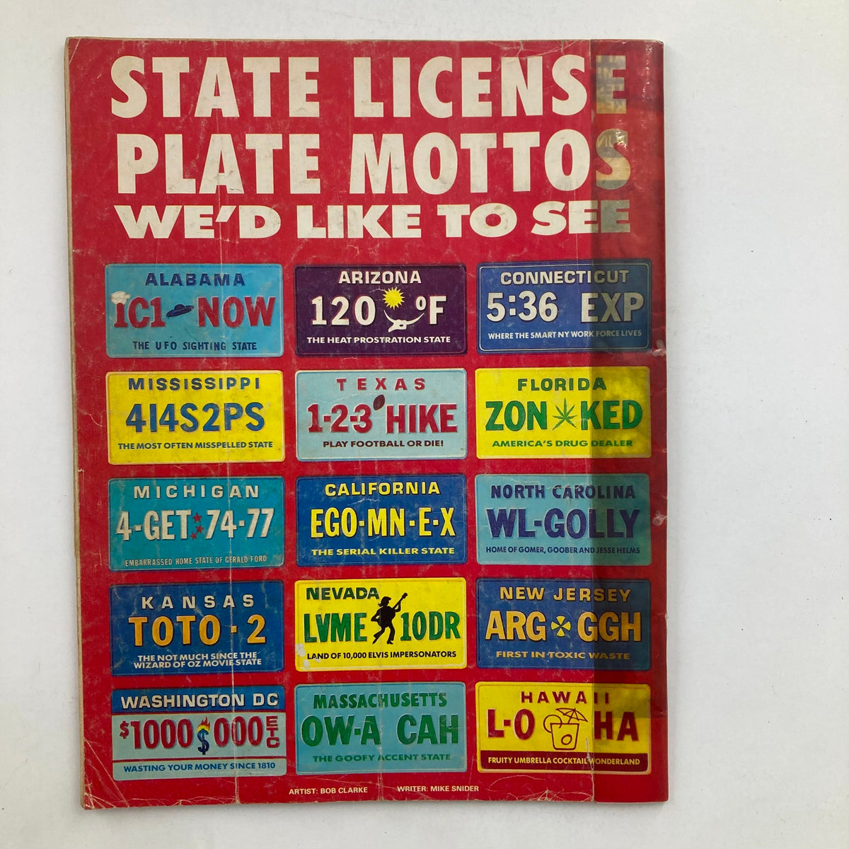 Back cover of Mad Magazine September 1988 No. 281 displaying humorous mock state license plate mottos, highlighting the magazine's signature satirical style.