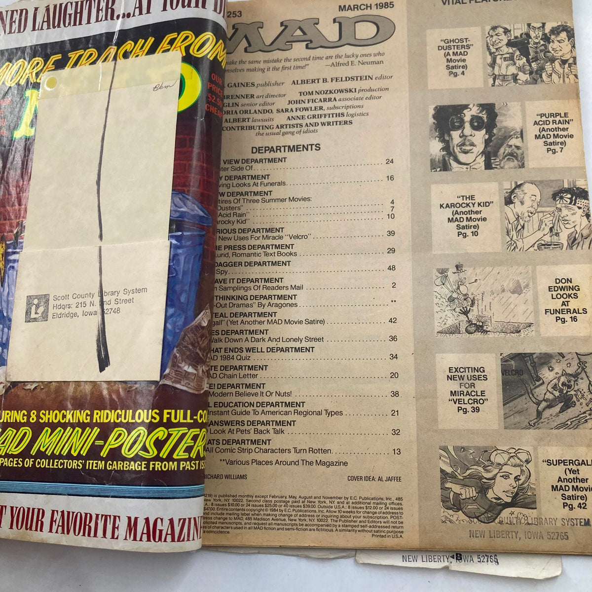 Inside view of Mad Magazine March 1985 No. 253 showcasing the table of contents with featured articles and sketches, highlighting various departments including humor and satire.