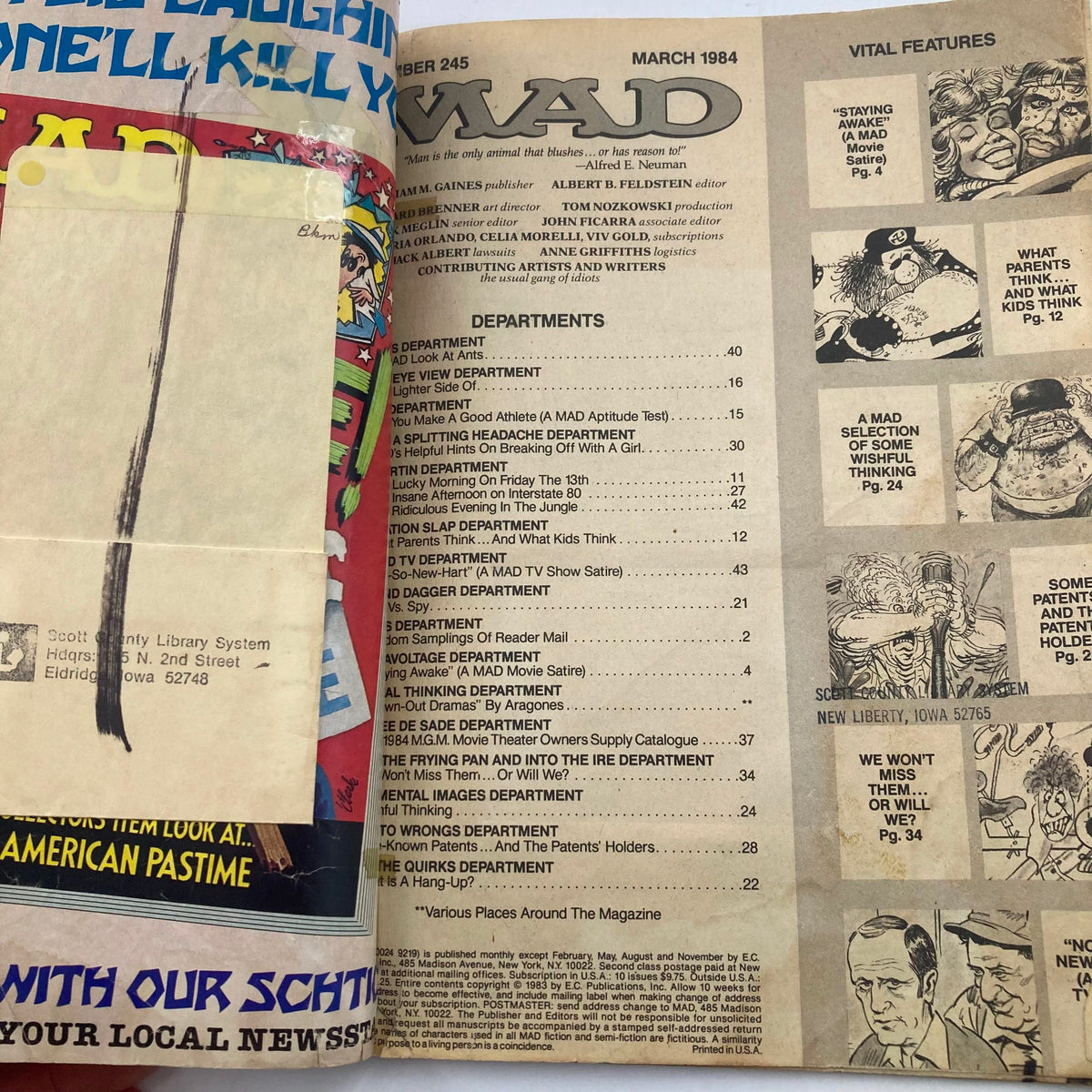 Inside page of Mad Magazine March 1984 No. 265 showcasing the table of contents and featuring various departments from the magazine.