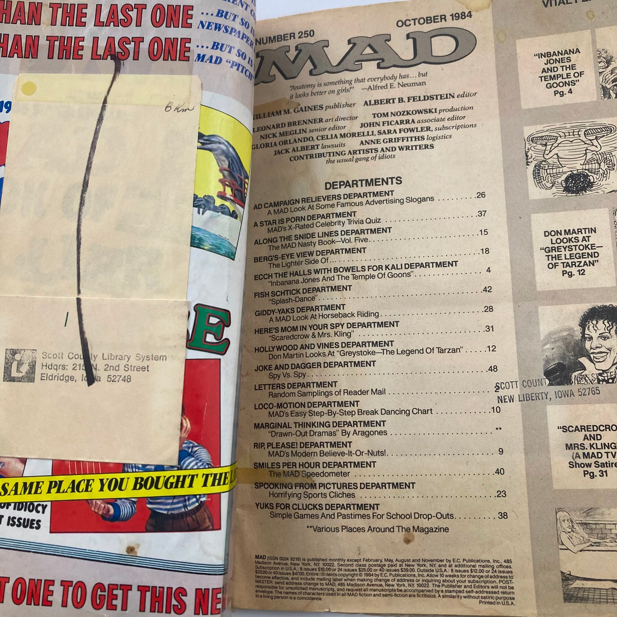 Interior page of Mad Magazine July 1984 No. 250, displaying the table of contents with articles and features reflecting the humor and satire of the era.