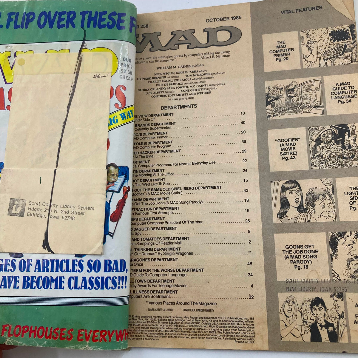Inside pages of Mad Magazine October 1985 No. 258 displaying the table of contents. This visually illustrates the magazine's layout and article titles, highlighting comedic commentary on computers and pop culture during the mid-1980s.