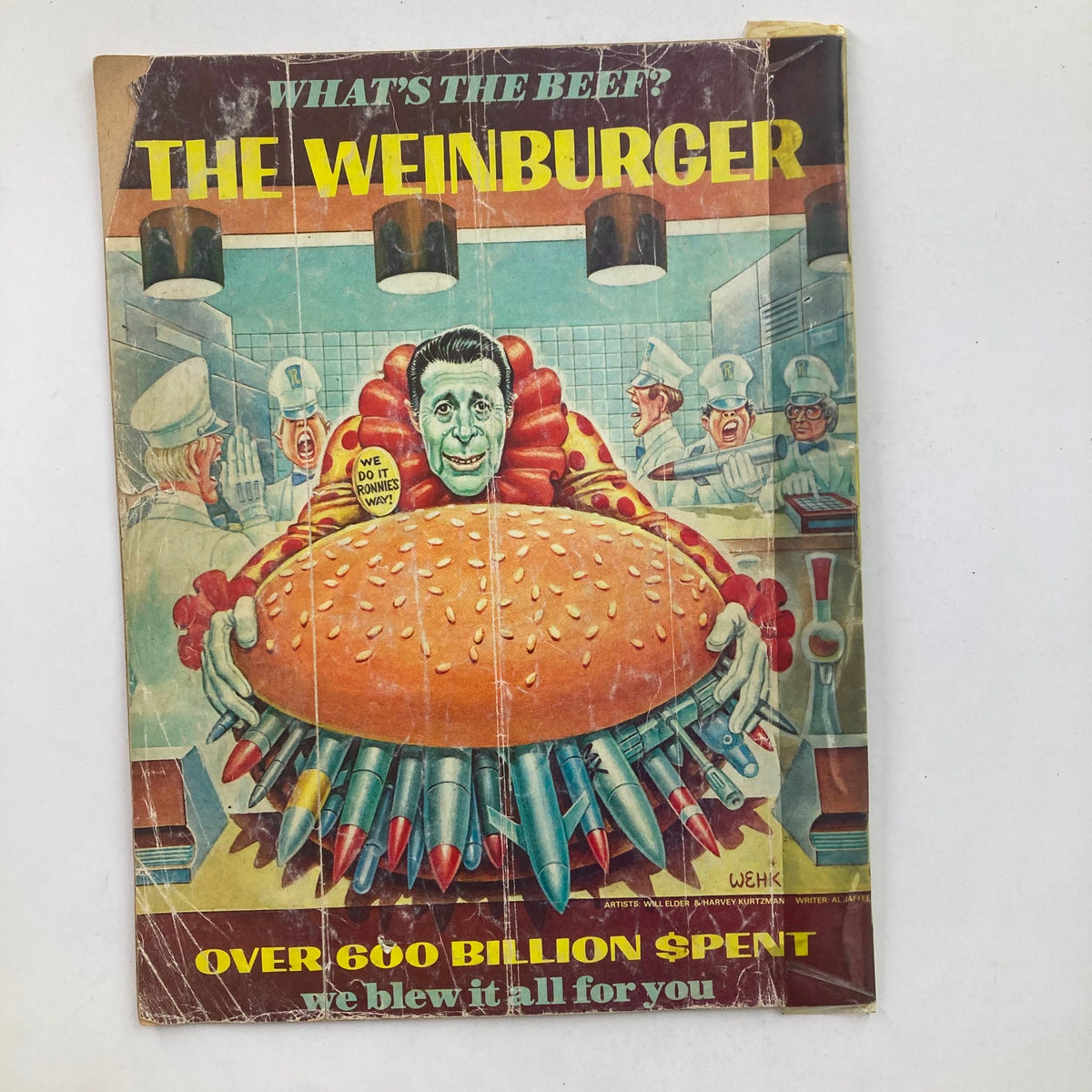 Back cover of Mad Magazine October 1985 No. 258 featuring whimsical cartoon art related to 'The Weinburger'. The image reflects the satire and humor characteristic of the magazine, alongside vintage design elements.
