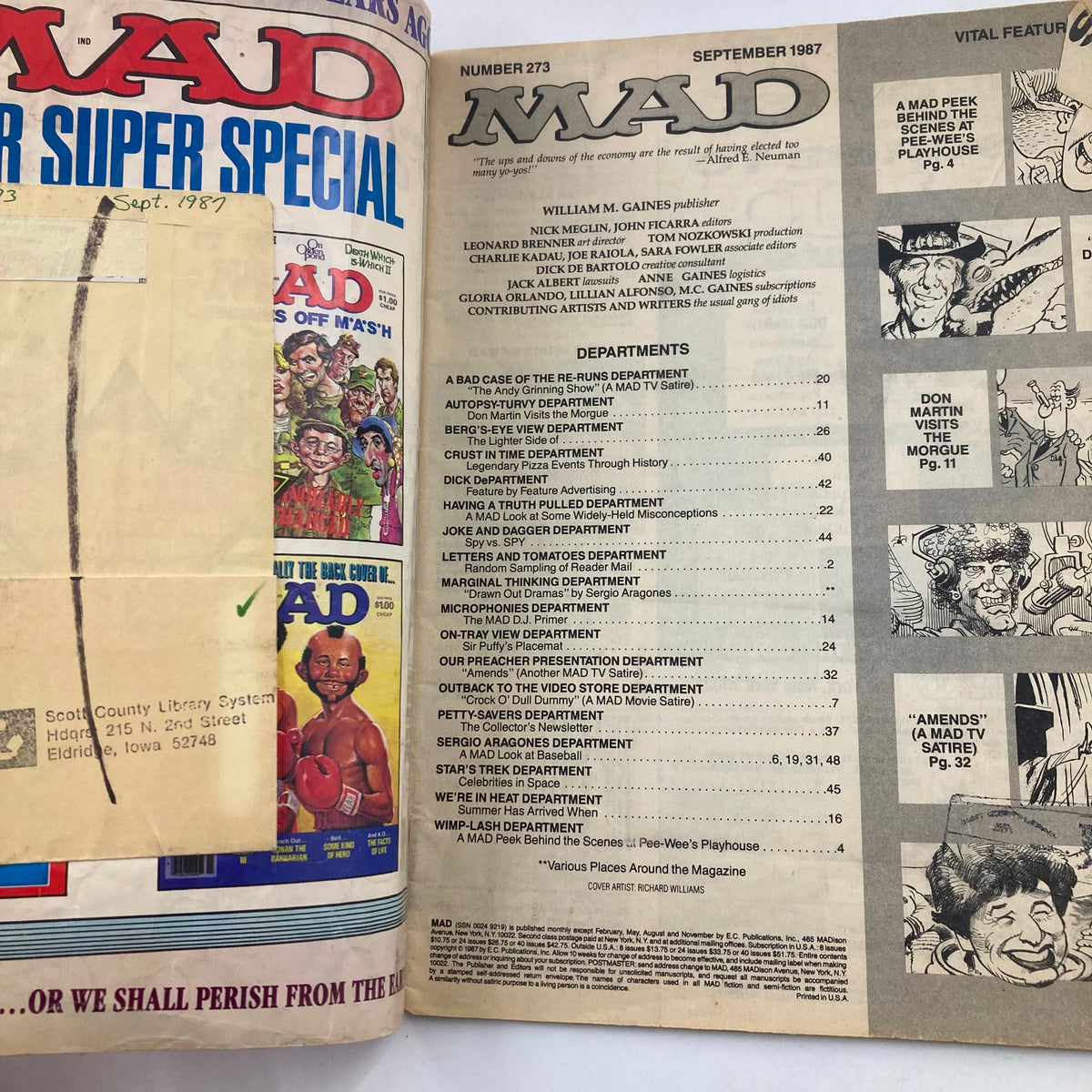Inside spread of Mad Magazine September 1987 No. 273 displaying the table of contents and various contributors, highlighting classic satirical elements of the era.