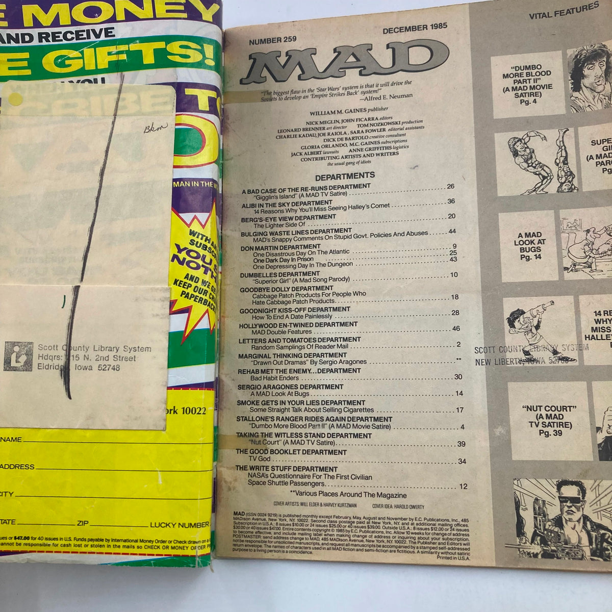 Inside pages of Mad Magazine December 1985 No. 259 showing the table of contents, featuring departments like 'A Bad Case of the Re-Ruins', 'Hollywood to the Rescue', and more, highlighting the issue's vintage and humorous elements.