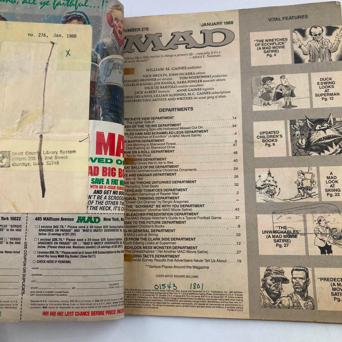 Inside page of Mad Magazine January 1988 No. 276 displaying contents and features. Highlights Edwing's look at Superman alongside other vintage comic commentary.