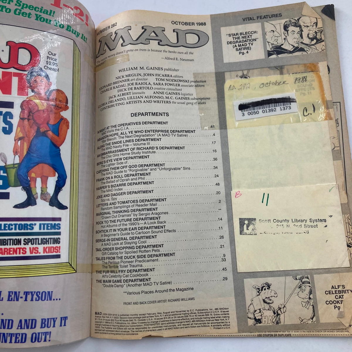 Inside page of Mad Magazine October 1988 No. 282 displaying the table of contents, showcasing various articles and features in this vintage issue.