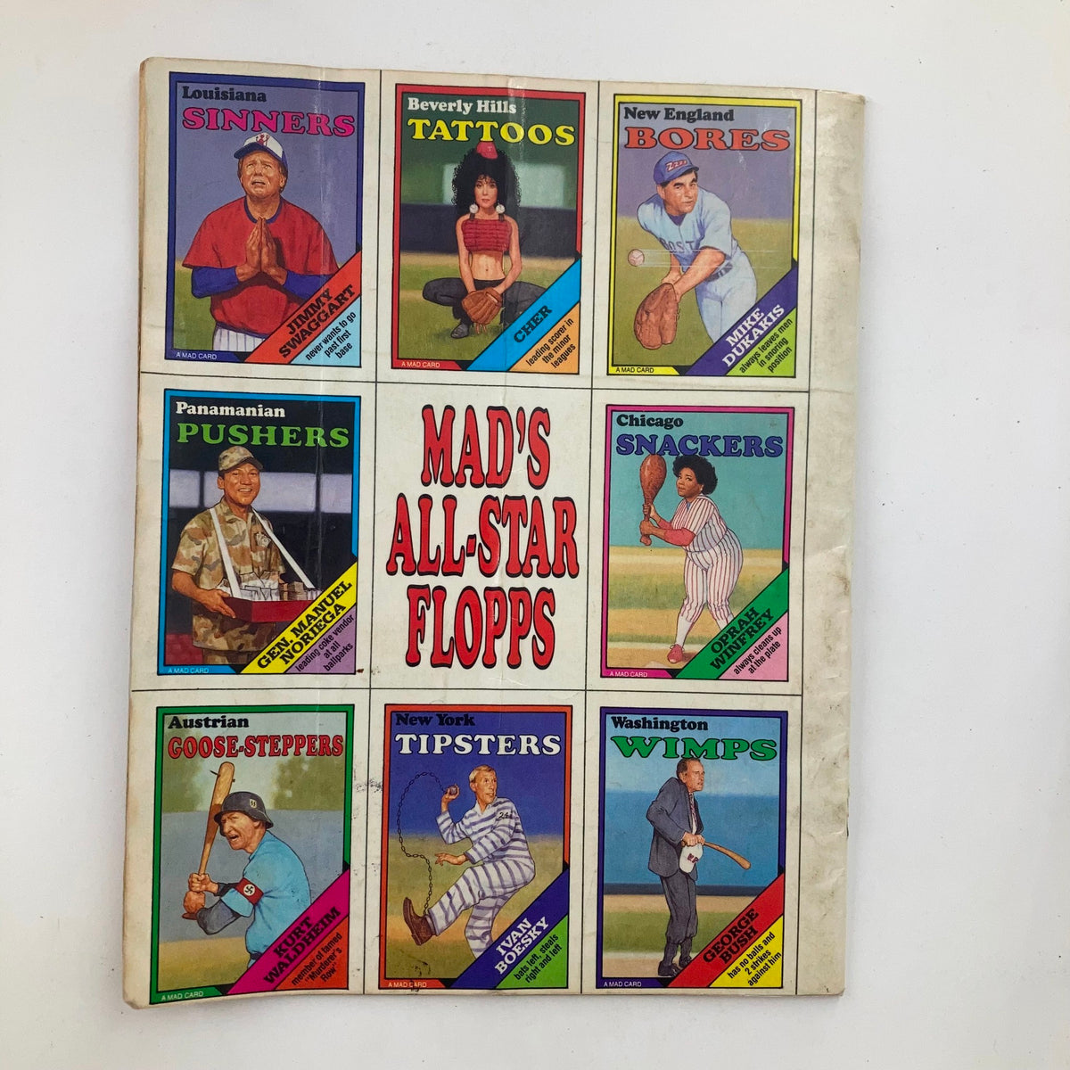 Back cover of Mad Magazine October 1988 No. 282 presenting a parody of baseball cards titled 'Mad's All-Star Flopps,' featuring humorous caricatures.