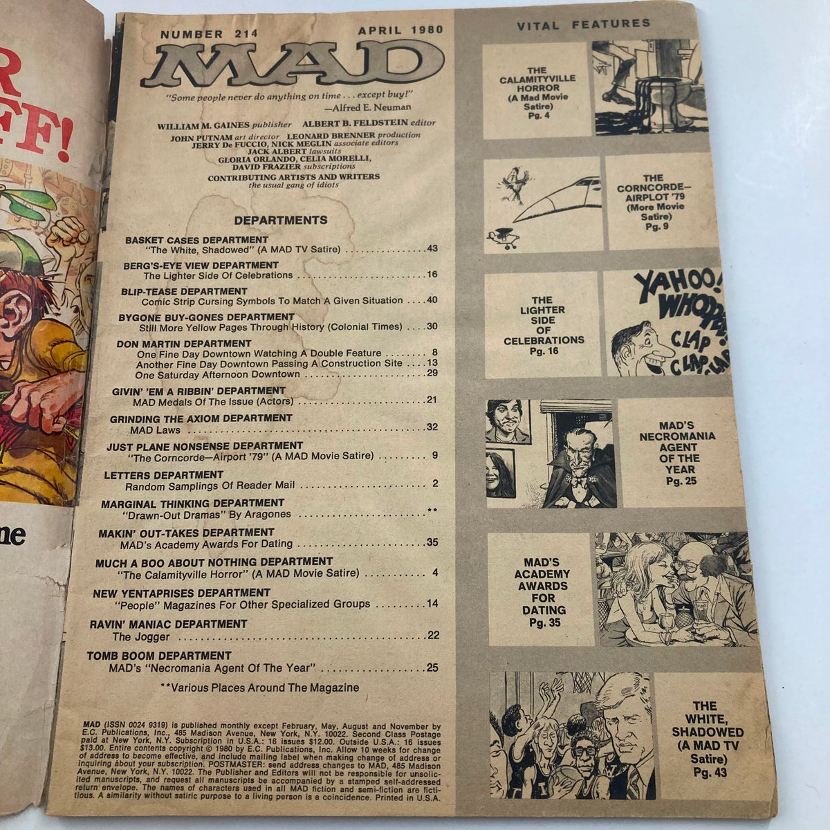 Interior page of Mad Magazine April 1980 No. 214, featuring the table of contents and various departments from the issue.