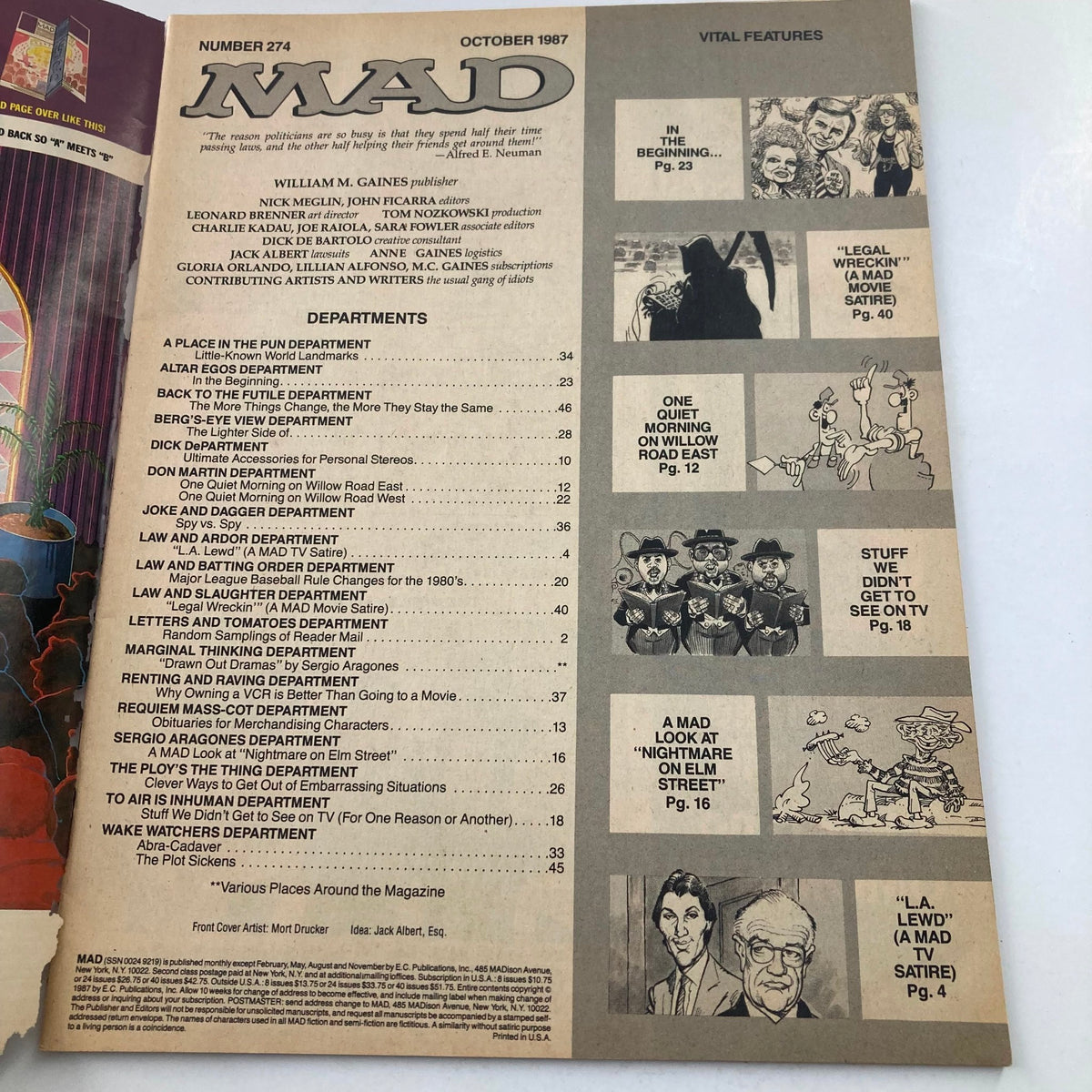Cover page of Mad Magazine October 1987 No. 274 featuring the table of contents with highlights on parodies including 'L.A. Law' and 'Lethal Weapon 2'.