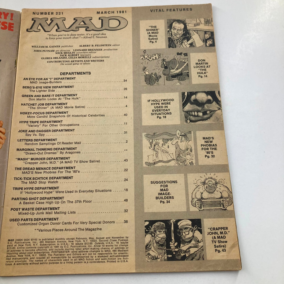 Interior page of Mad Magazine March 1981 No. 221 displaying departments and vital features, showcasing Don Martin's cartoon art and humorous content.