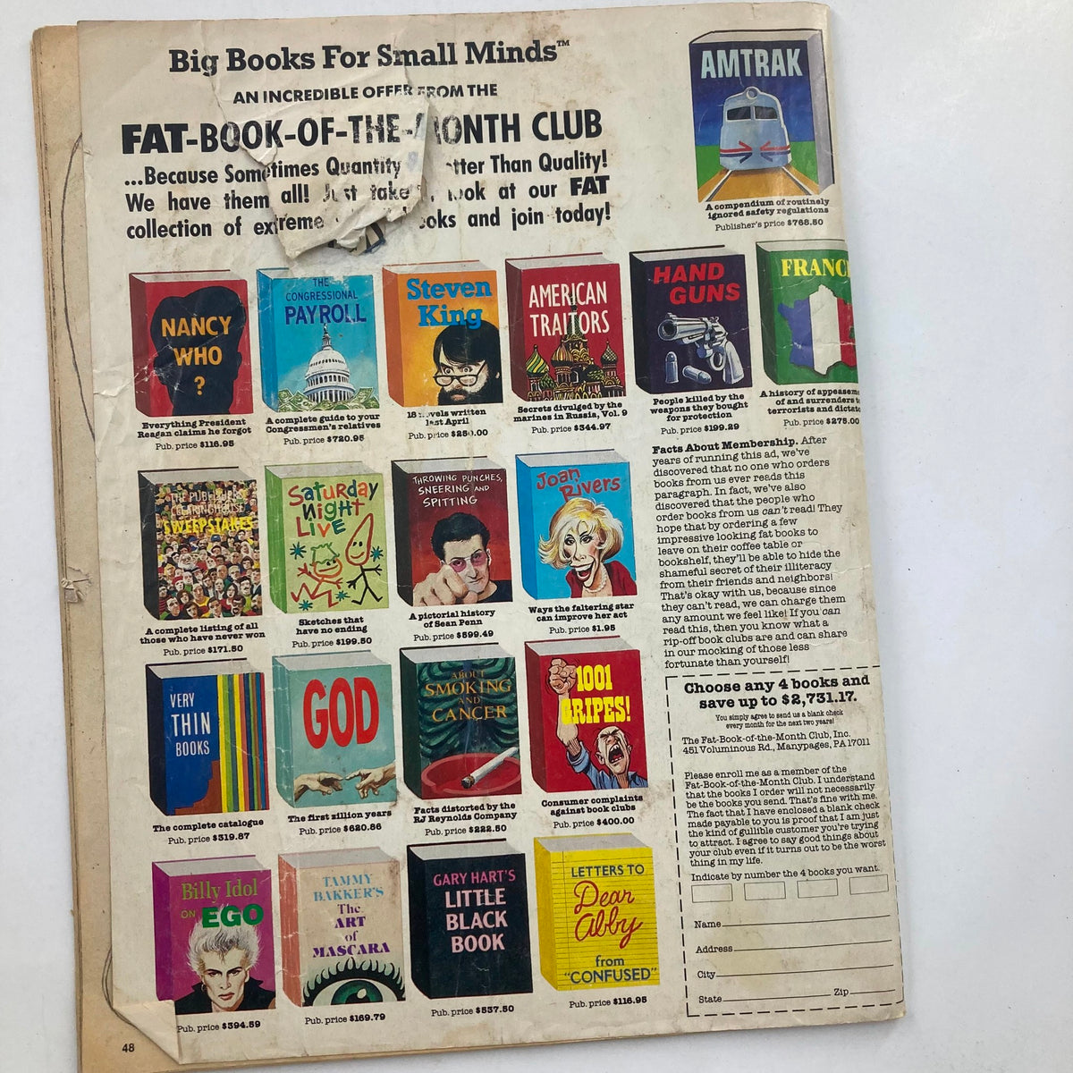 Back cover of Mad Magazine December 1987 No. 275 displaying an advertisement for the Fat-Book-of-the-Month Club, featuring various book covers with playful titles.