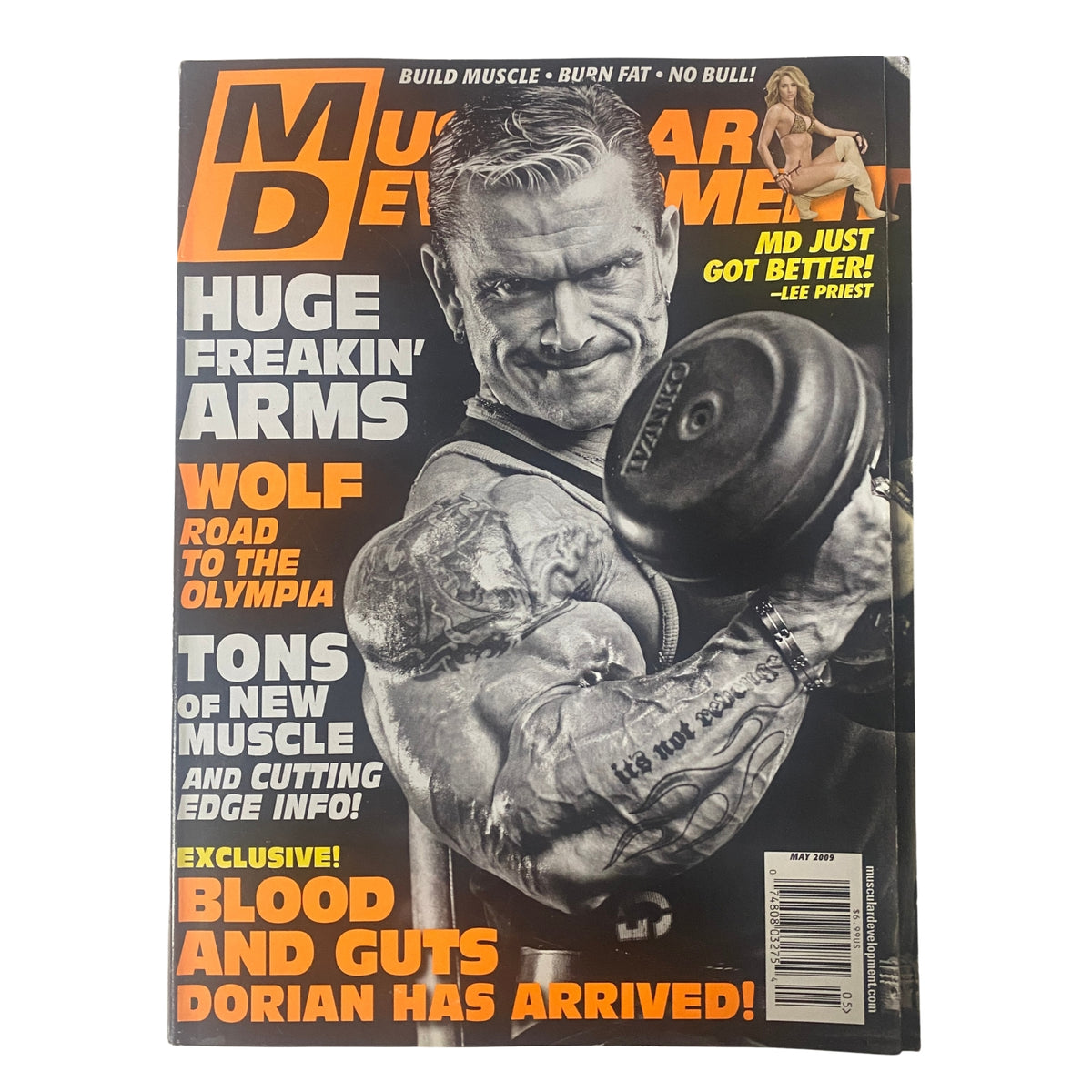 Muscular Development Magazine May 2009 Vol 46 No. 5 featuring Lee Priest on the cover, showcasing a muscular bodybuilder posing, with promotional text about massive arms and exclusive content on bodybuilding.