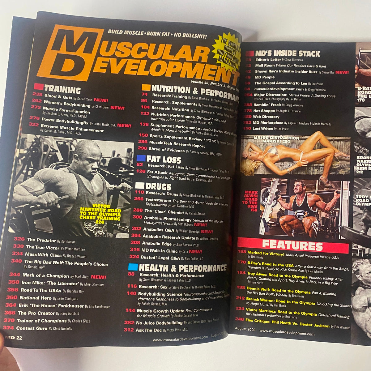 Inside spread of Muscular Development Magazine August 2009 Vol 46 No. 8 showcasing content on training, nutrition, performance, and features from bodybuilding experts.