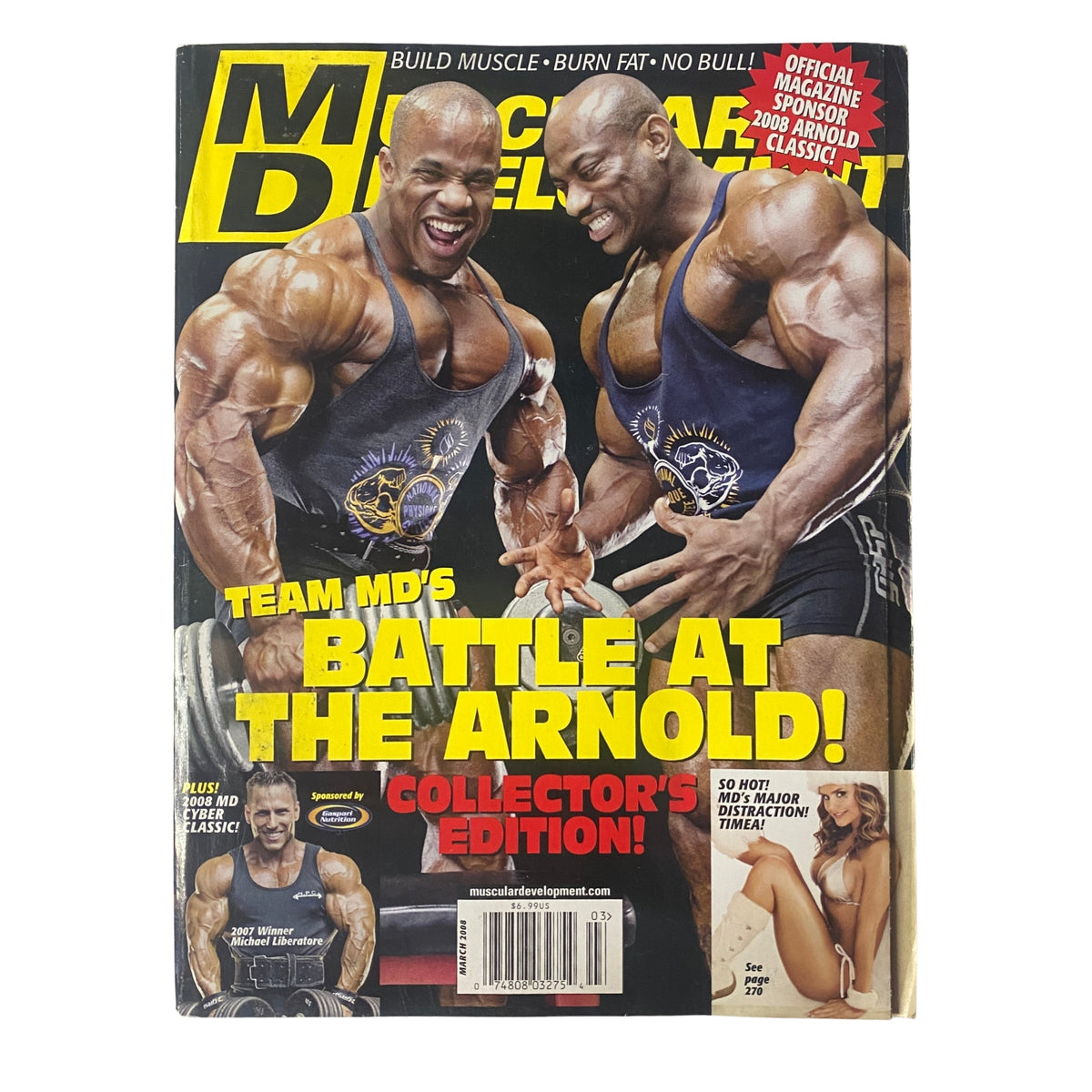 Cover of Muscular Development Magazine March 2008 featuring Dexter Jackson and Victor Martinez, highlighting the Arnold Classic with the title 'Battle at The Arnold!' This collector's edition showcases muscular athletes, promoting bodybuilding and fitness.