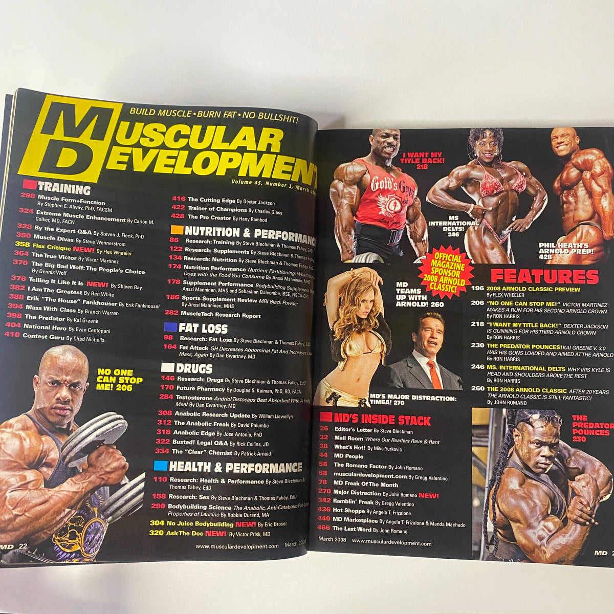 Inside page of Muscular Development Magazine March 2008 featuring a table of contents and highlights of training, nutrition, and performance topics with images of bodybuilders Dexter Jackson and Victor Martinez.