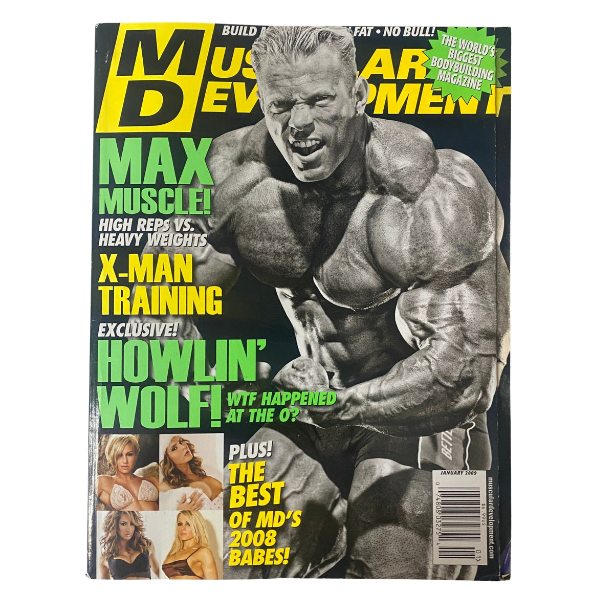 Cover of Muscular Development Magazine, January 2009, Vol 46 No. 1 featuring Dennis Wolf, highlighting the theme 'Howlin' Wolf! WTF Happened at the O?' with bold graphics.